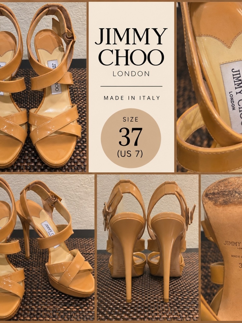 Jimmy Choo Women's Tan Patent Leather Strappy High-Heel Sandals
